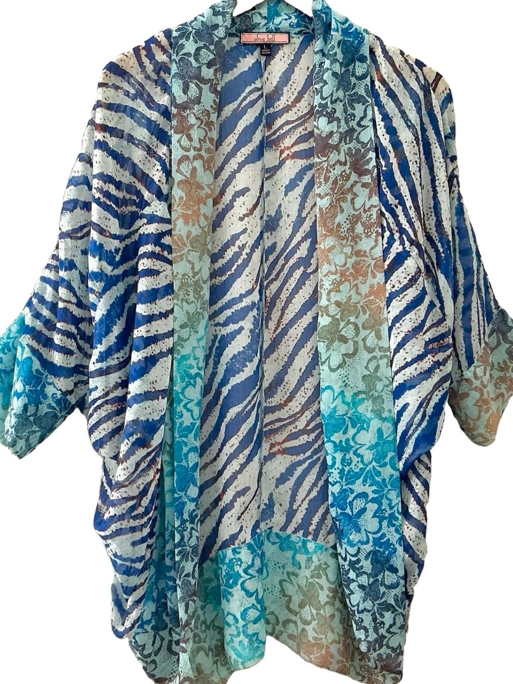 Olive Hill Anthropologie Kimono Sheer Mixed Print Open Cardigan Boho Fairy L